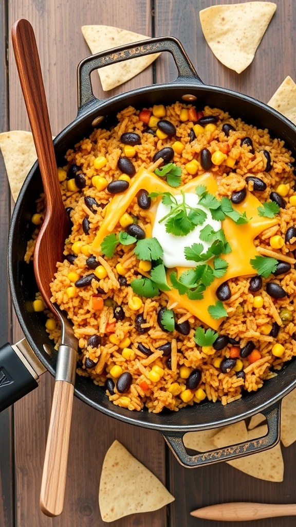 A one-pan enchilada rice skillet with black beans, corn, and melted cheese, garnished with cilantro on a rustic table.